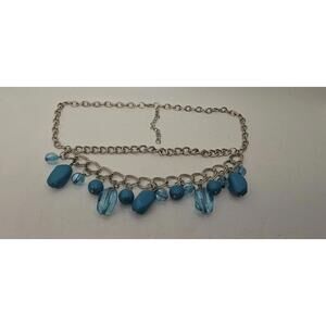 Silver Tone Bib Statement Necklace Icy Blue Glass Beaded Boho Fringe Waterfall